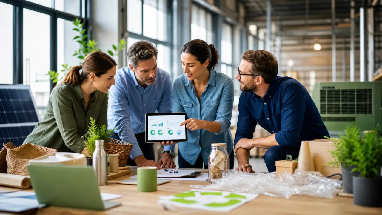 Espace de coworking lumineux et végétalisé où des professionnels collaborent autour d'une table en bois brut