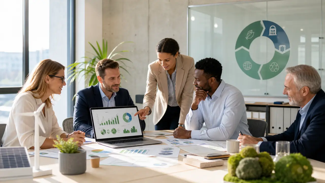 Espace de coworking lumineux et végétalisé avec des professionnels collaborant autour d’une table en bois brut
