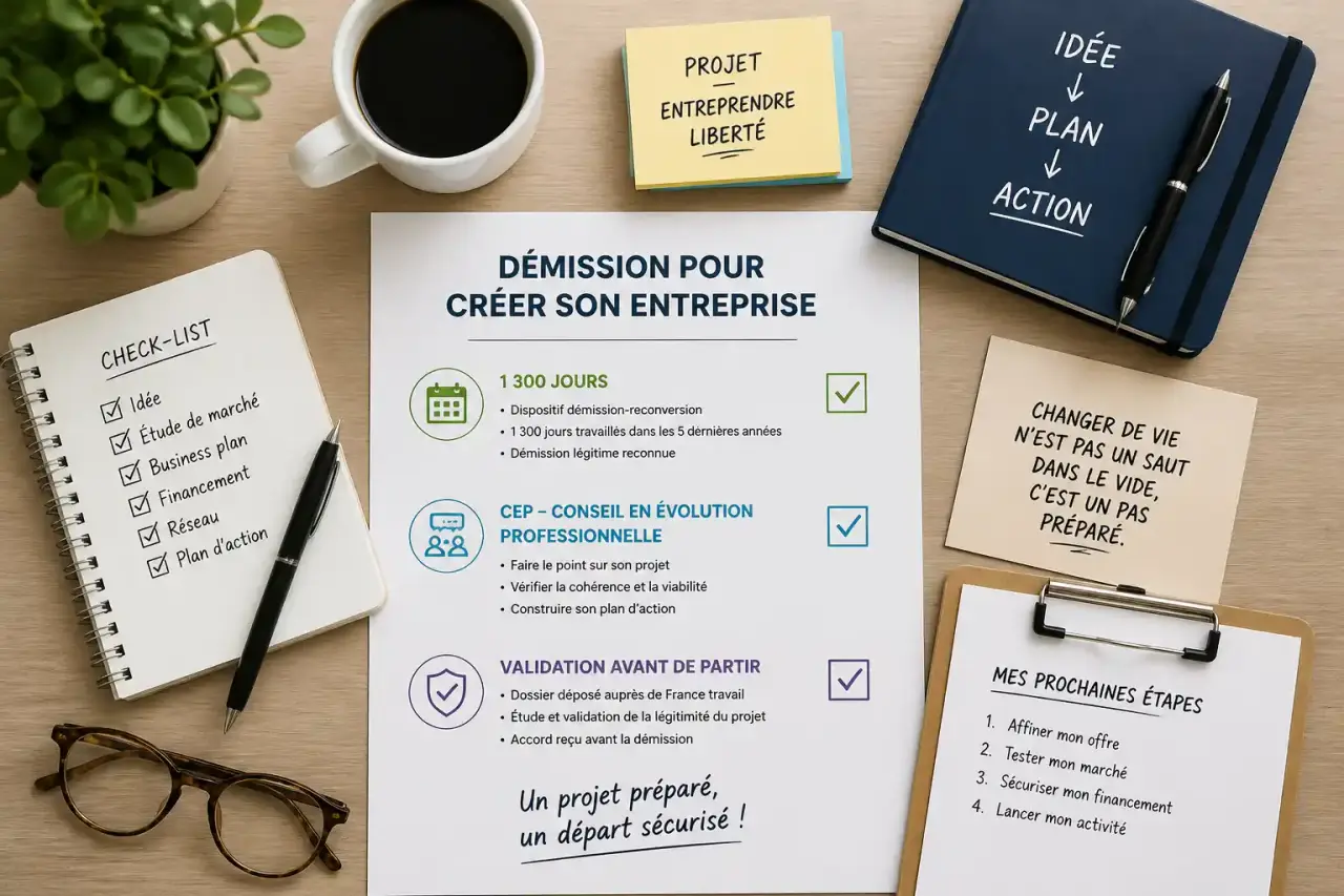 Démission pour créer son entreprise : les 1 300 jours, le CEP et la validation avant de partir