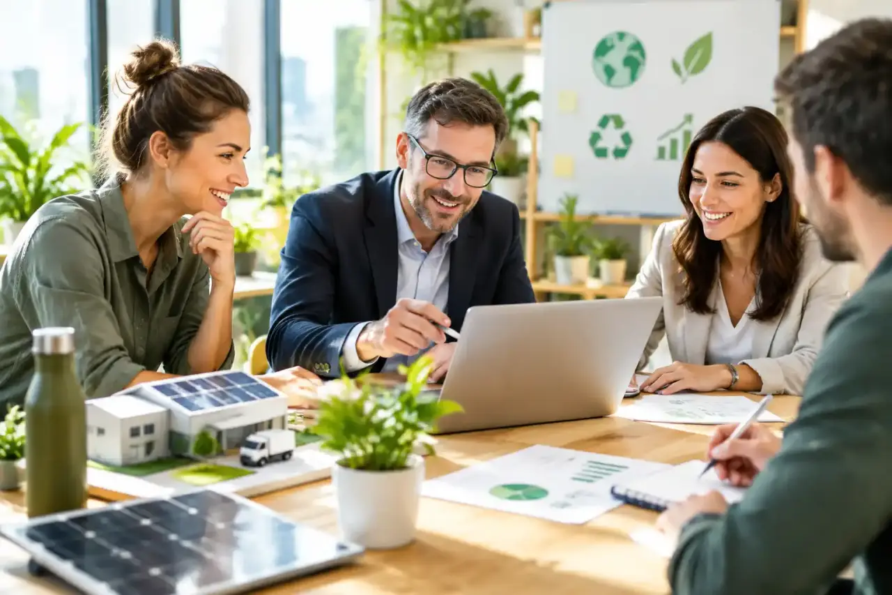 Équipe de PME planifiant une stratégie de réduction de bilan carbone autour d'une table en bois