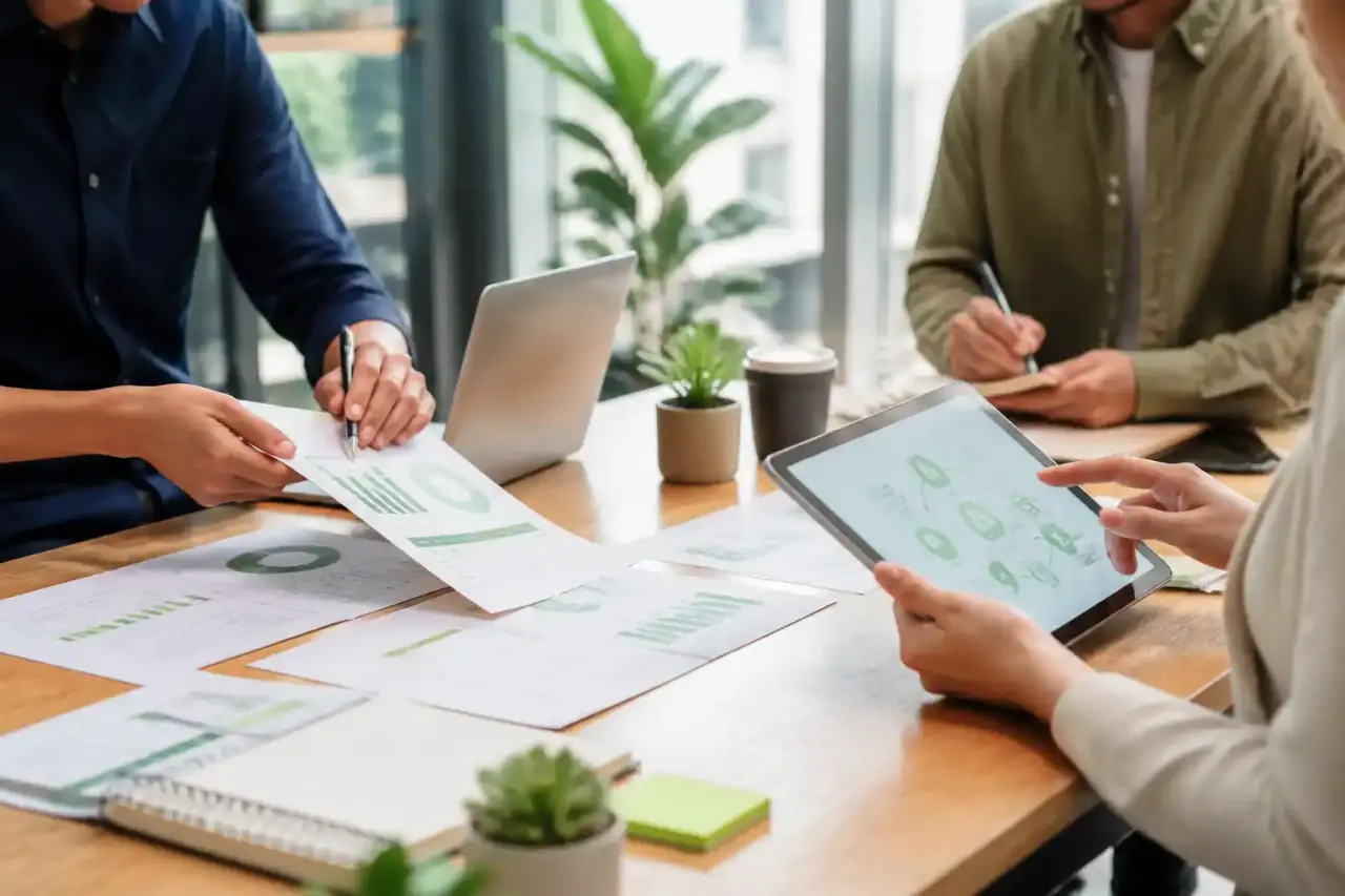 Équipe de PME analysant un tableau de bord carbone dans un espace de coworking végétalisé
